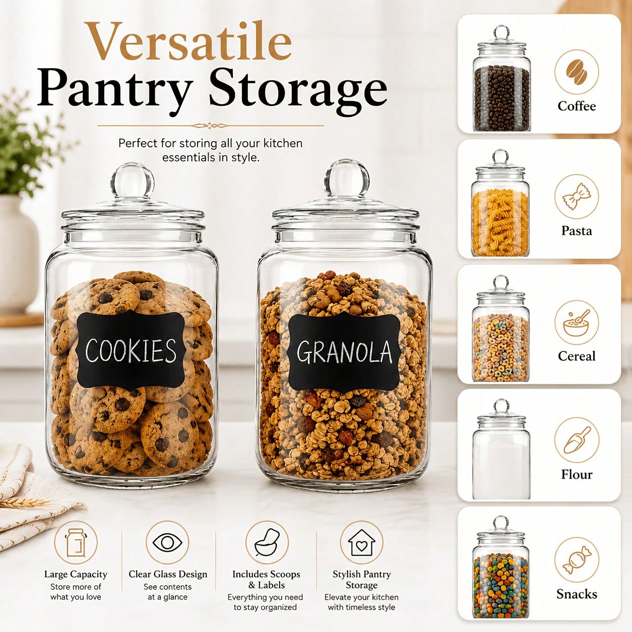Snacks Food Labels - 2 Parçalı Cam Saklama Kavanozu Seti,